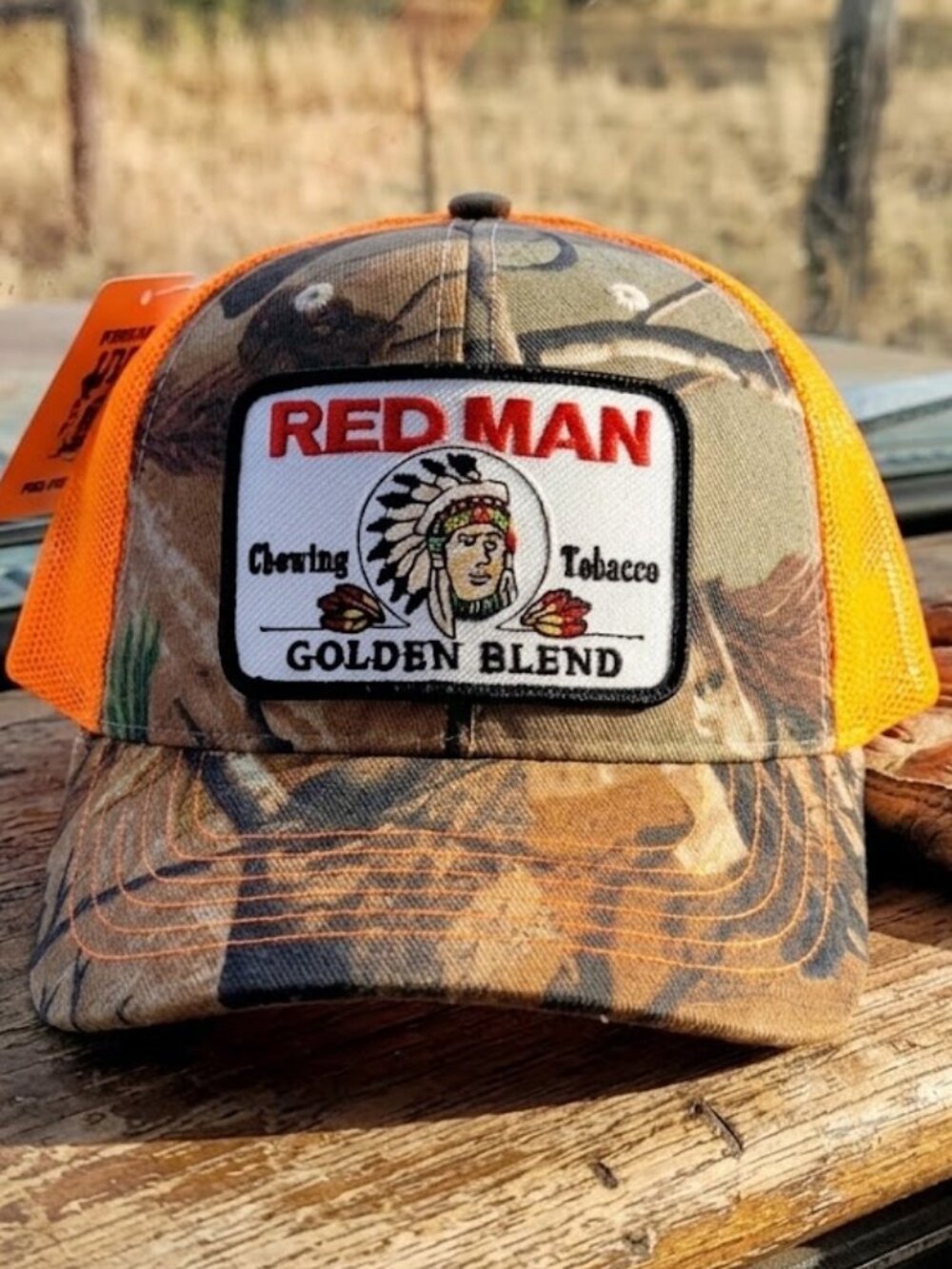 Red Man Tobacco Patch Camo Blaze Orange Trucker Snapback Hat Hunting Cap Chew